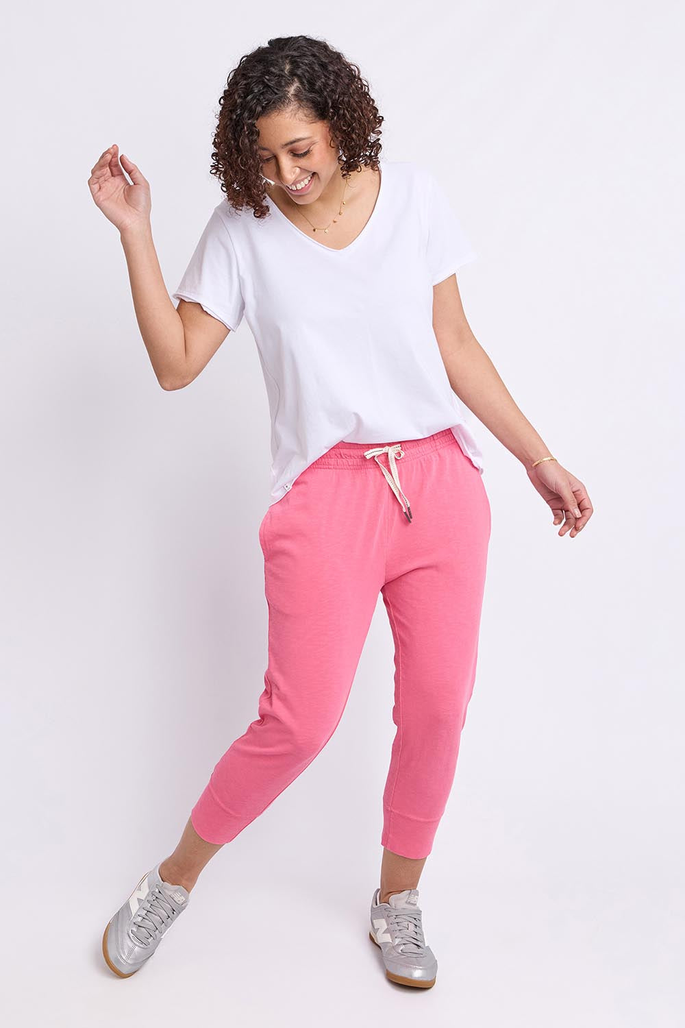 Model Genericm wearing size sample of the Fundamental Brunch Cotton Pant – Pinklemon in colour Pinklemon, from the front
