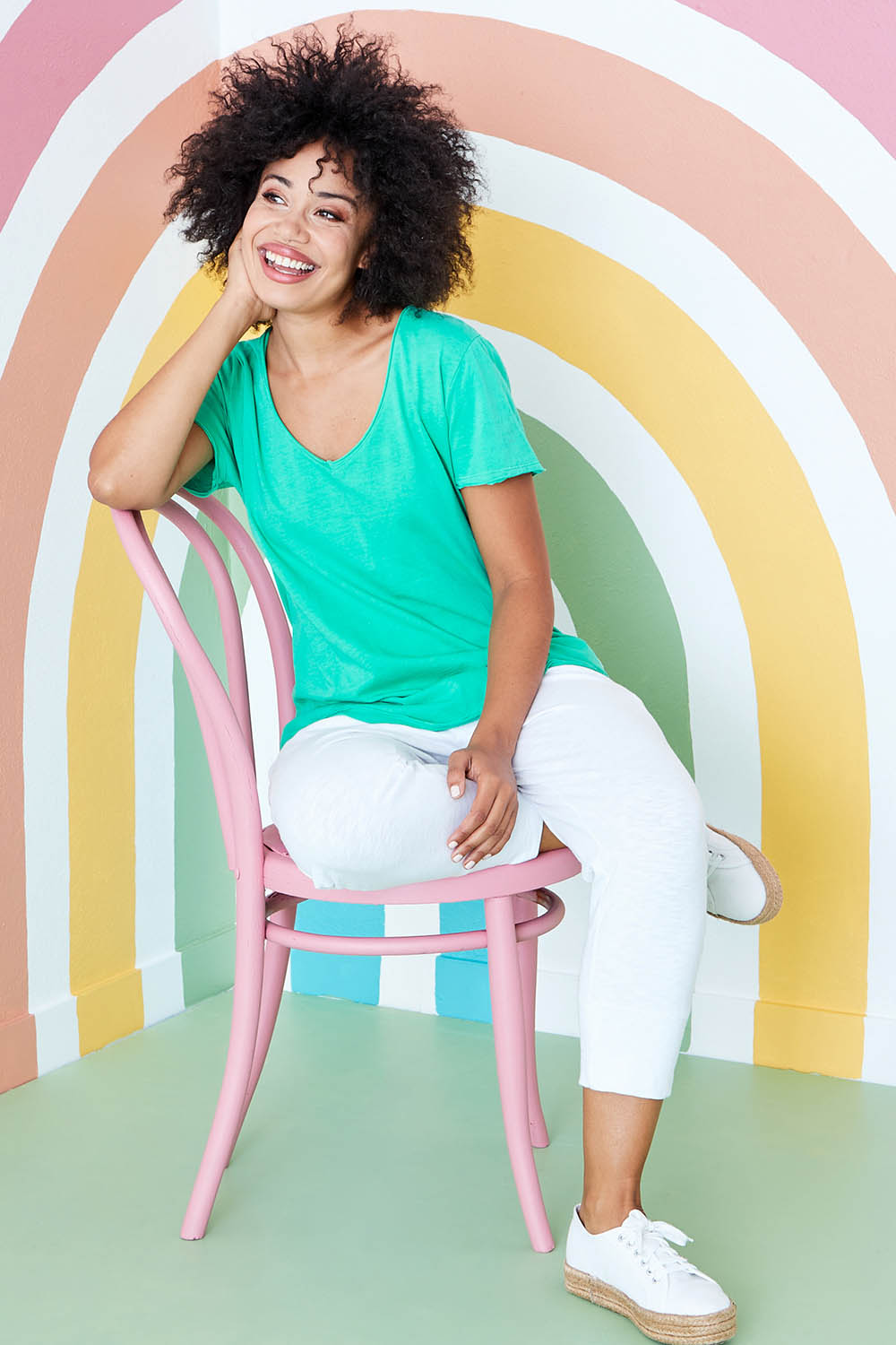 Model Olivia wearing size 10 of the Fundamental Brunch Cotton Pant in colour White (White), from the front, showing the whole outfit