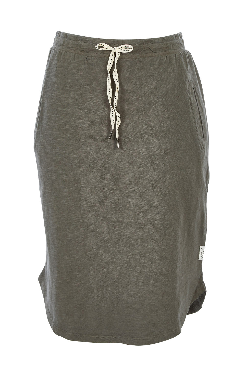 Product shot of the Fundamental Isla Skirt in colour Khaki (Green), from the front
