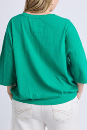 A model wearing the Fundamental Mazie Cotton Sweat Top in colour Turquoise (Green), from the back