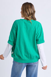 A model wearing the Fundamental Mazie Cotton Sweat Top in colour Turquoise (Green), from the back