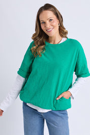 A model wearing the Fundamental Mazie Cotton Sweat Top in colour Turquoise (Green), from the front, cropped image