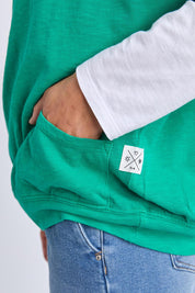 A model wearing the Fundamental Mazie Cotton Sweat Top in colour Turquoise (Green), from the front, cropped image