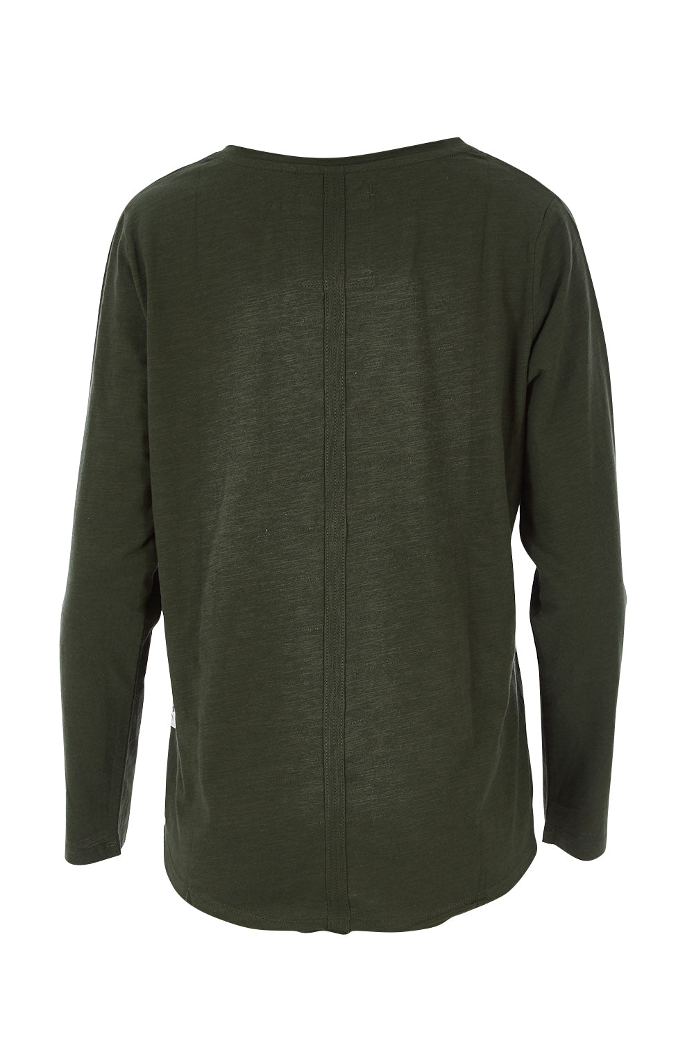 Product shot of the Fundamental Coles Bay Henley in colour Darkkhaki (Green), from the back