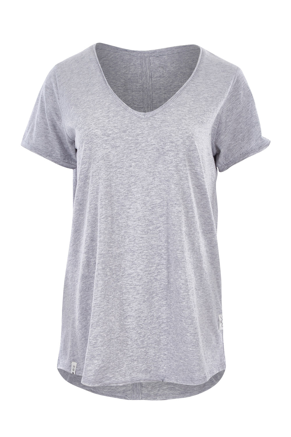 Product shot of the Fundamental Vee Cotton Tee in colour GreyMarle (Grey), from the front