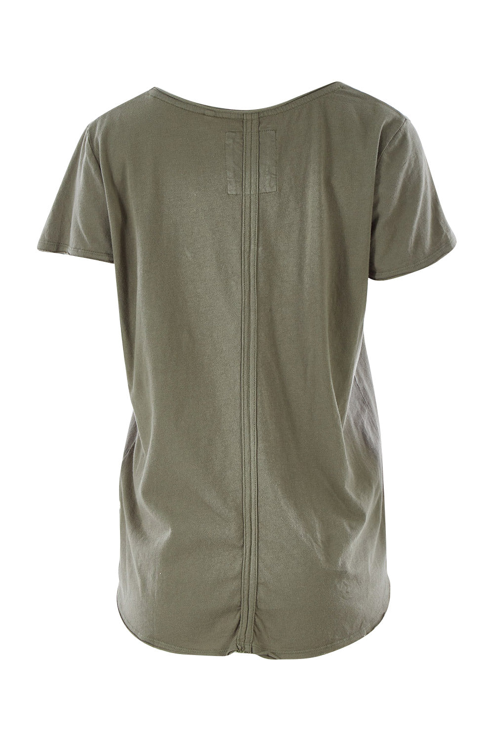 Product shot of the Fundamental Vee Cotton Tee in colour Khaki (Green), from the back