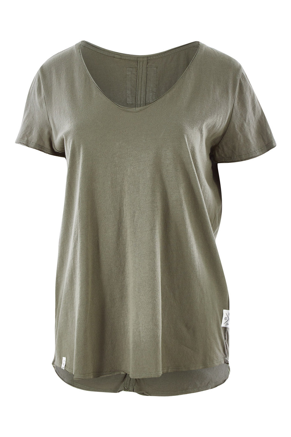 Product shot of the Fundamental Vee Cotton Tee in colour Khaki (Green), from the front