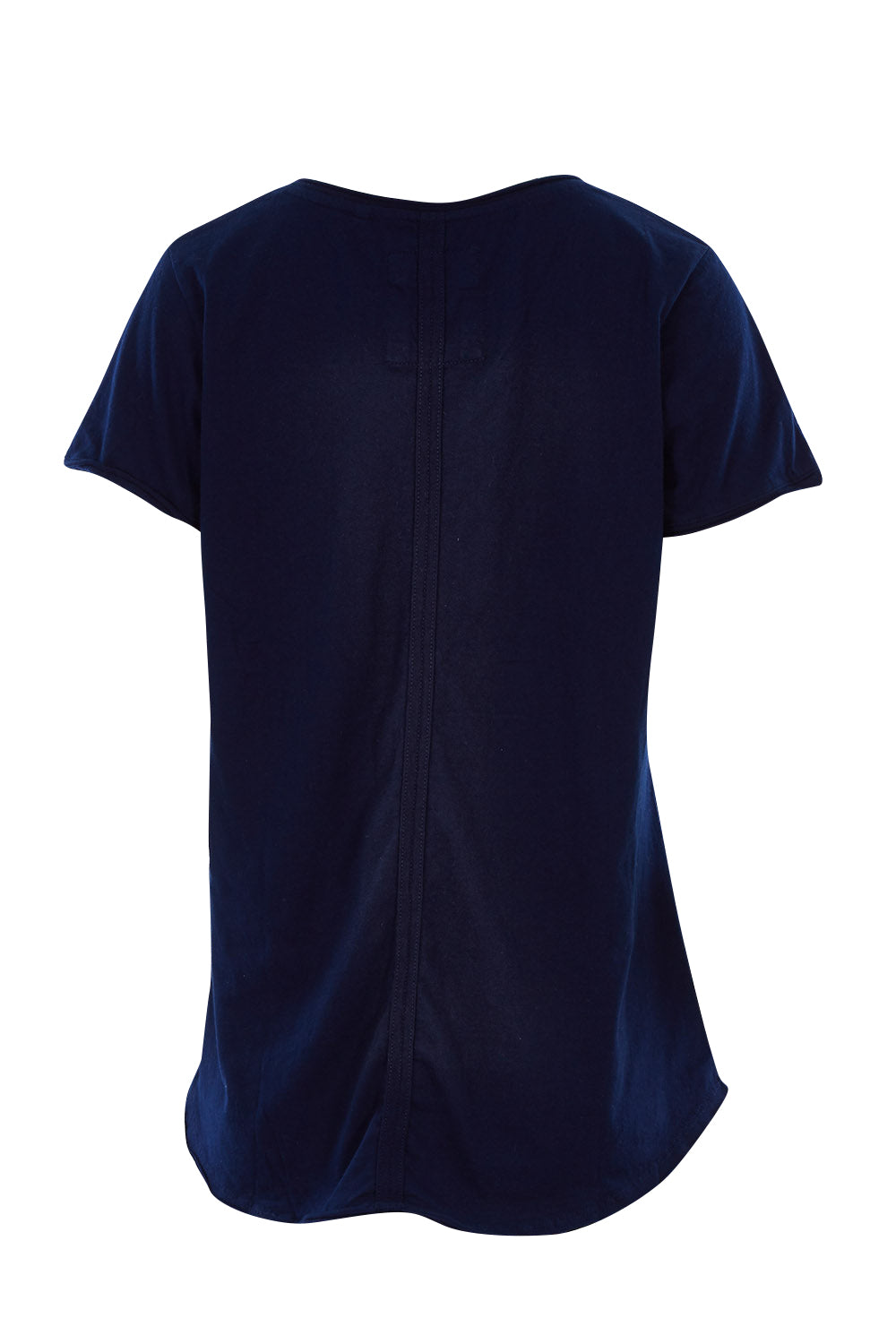 Product shot of the Fundamental Vee Cotton Tee in colour Navy (Blue), from the back