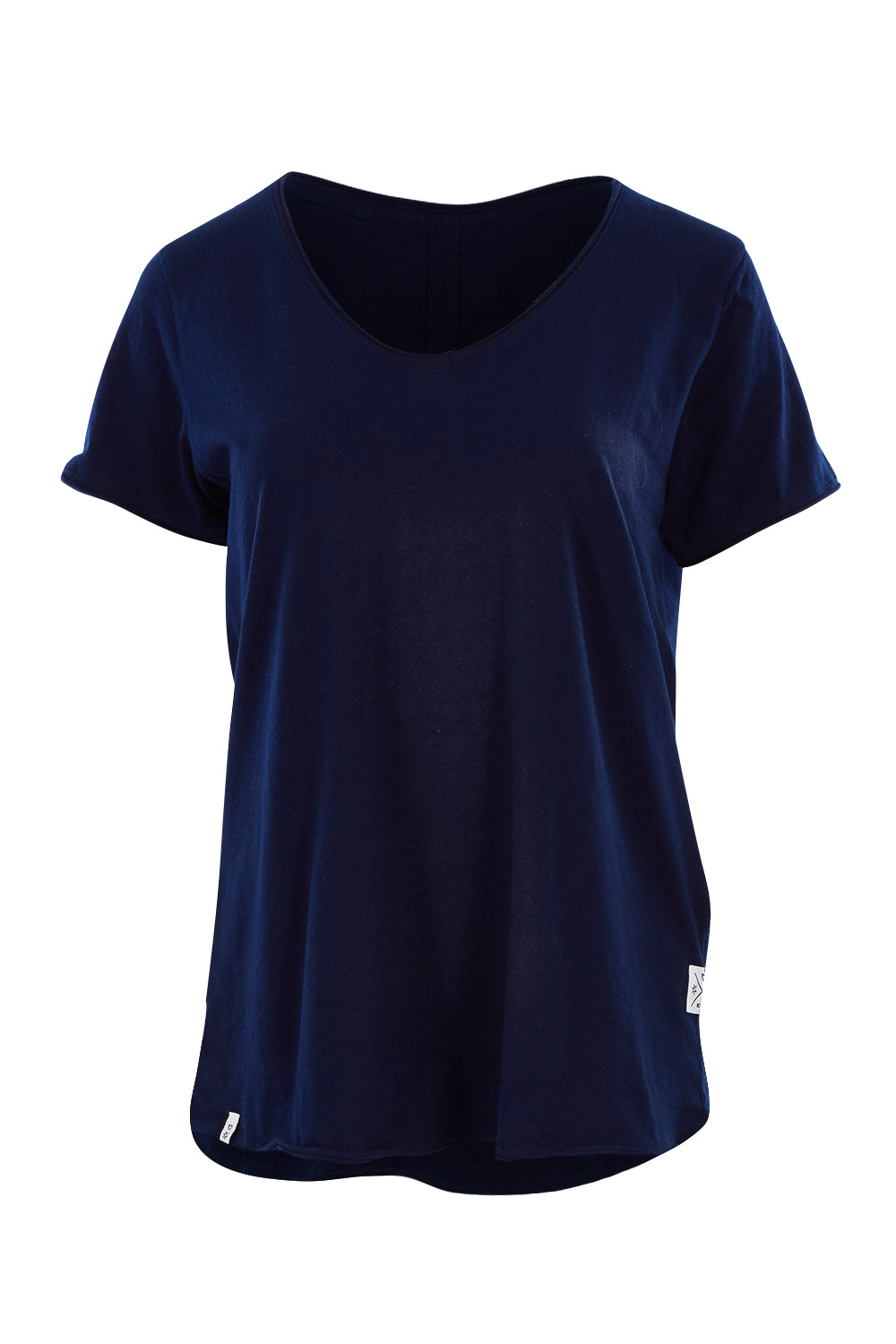 Product shot of the Fundamental Vee Cotton Tee in colour Navy (Blue), from the front