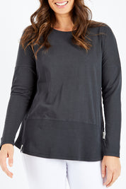 Model Shadae wearing size 10 of the Fundamental Rib Long Sleeve Tee in colour Black (Black), from the front, cropped image