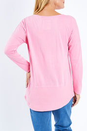 Model Bianca wearing size 10 of the Fundamental Rib Long Sleeve Tee in colour Bubblegum (Pink), from the back