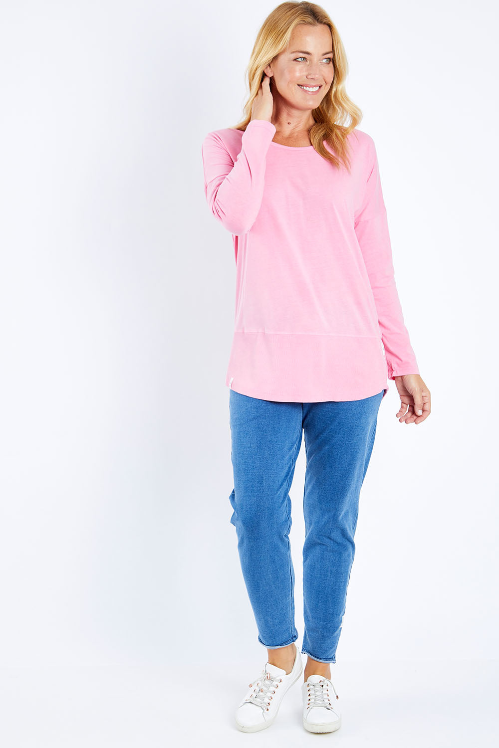 Model Bianca wearing size 10 of the Fundamental Rib Long Sleeve Tee in colour Bubblegum (Pink), from the front, showing the whole outfit