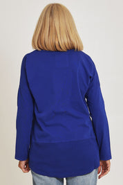 Model Sandy wearing size 10 of the Fundamental Rib Long Sleeve Tee in colour Deepblue (Blue), from the back