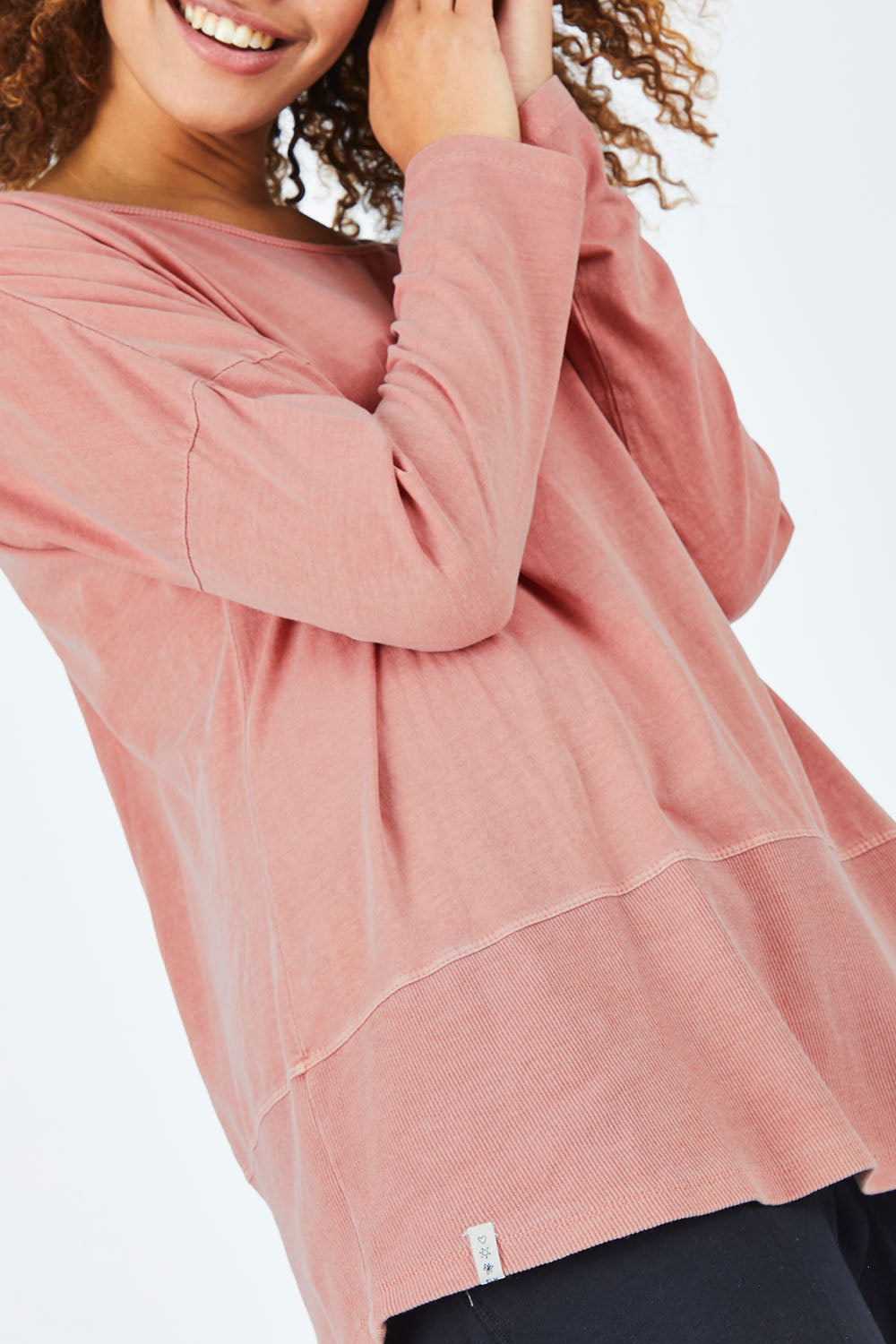 Model Summer wearing size 10 of the Fundamental Rib Long Sleeve Tee in colour DustyPink (Pink), from the front, showing the whole outfit