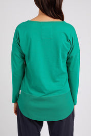 A model wearing the Fundamental Rib Long Sleeve Tee in colour Goodgreen (Green), from the back