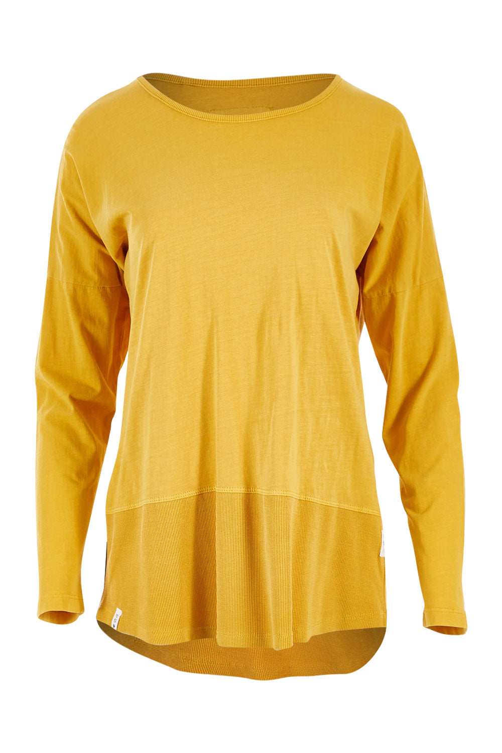 Product shot of the Fundamental Rib Long Sleeve Tee in colour Mustard, from the front