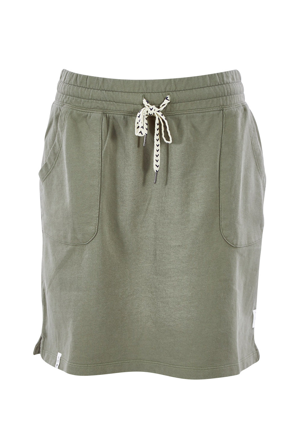 Product shot of the Fundamental Cassie Skirt in colour Khaki (Green), from the front