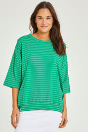 Model Elhana wearing size 10 of the Fundamental Maizie Sweat in colour Brghtgree (Green), from the front, cropped image