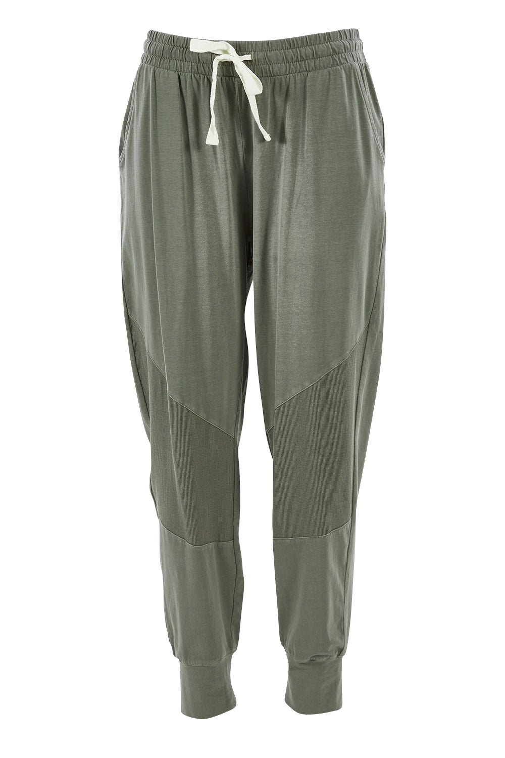 Product shot of the Fundamental Rib Trim Pant in colour Khaki (Green), from the front