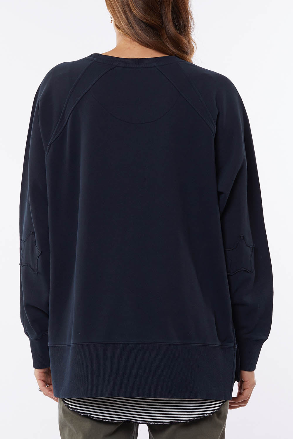 A model wearing the Fundamental Victoria Crew in colour Navy (Blue), from the back