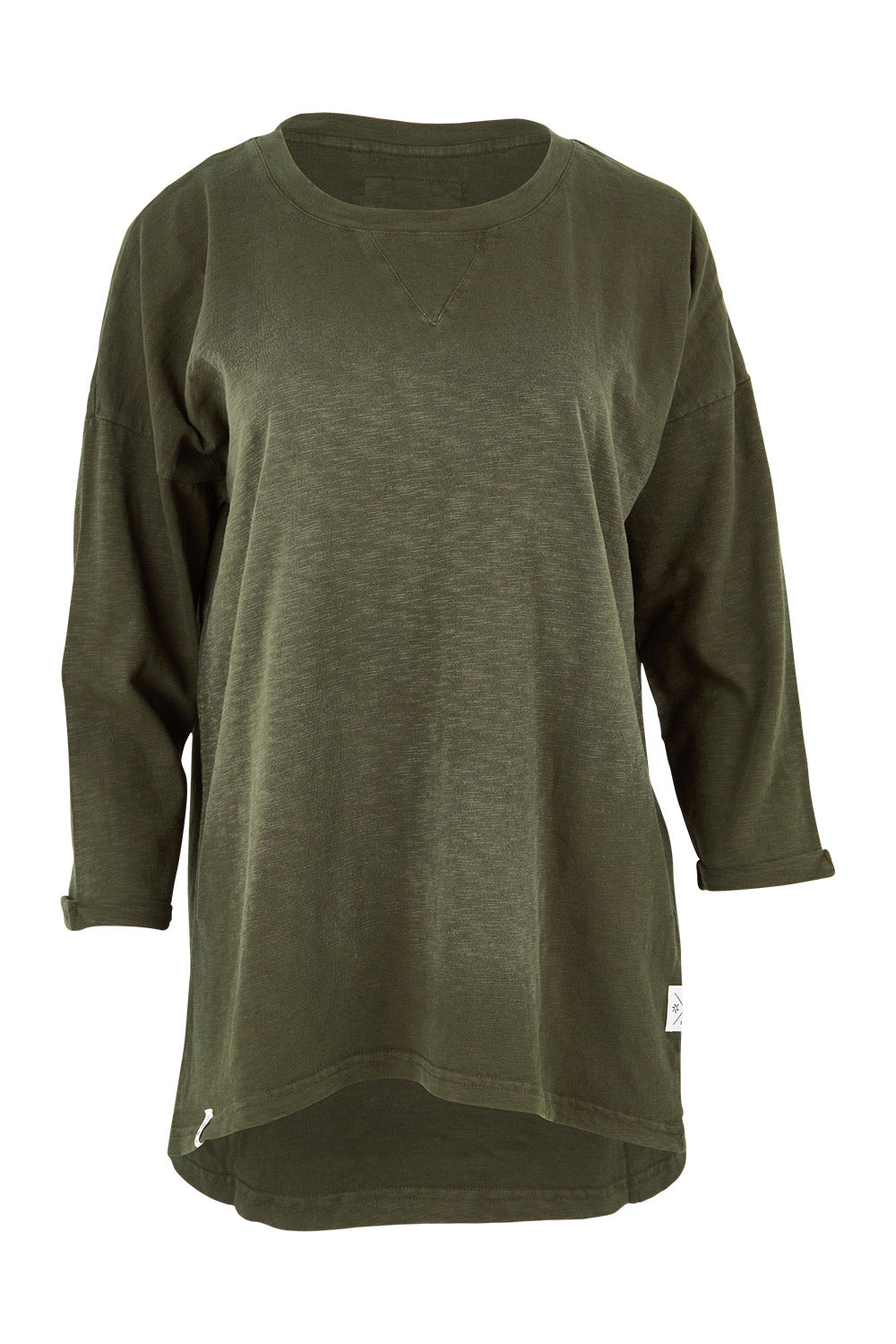Product shot of the Fundamental Annie 3/4 Sleeve Tee in colour Basil (Green), from the front