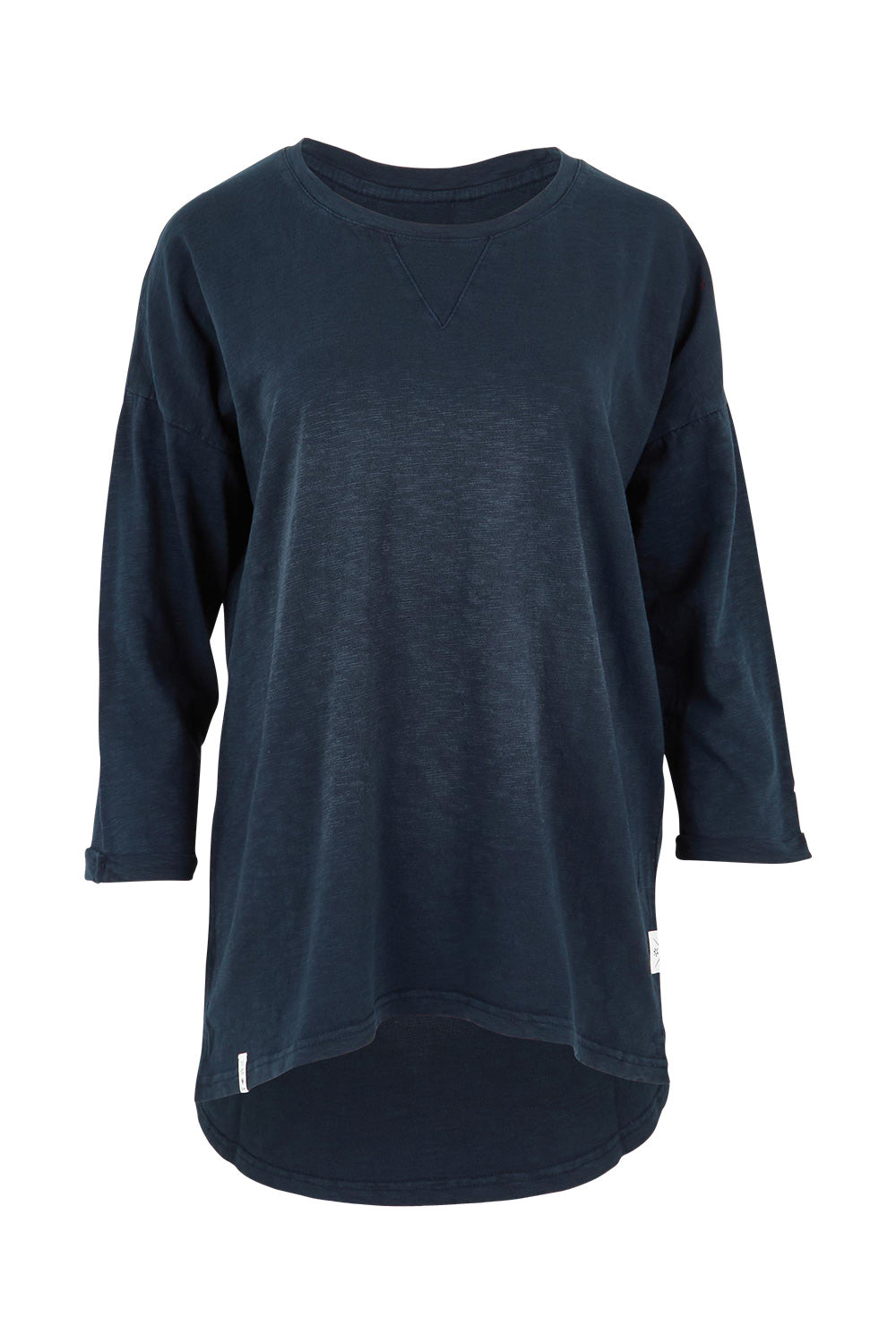 Product shot of the Fundamental Annie 3/4 Sleeve Tee in colour Navy (Blue), from the front