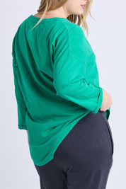 A model wearing the Fundamental Annie 3/4 Sleeve Cotton Tee in colour Turquoise (Green), from the back