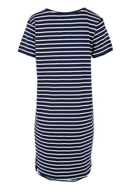 Product shot of the Fundamental Mary Stripe Dress in colour Navy (Blue), from the back