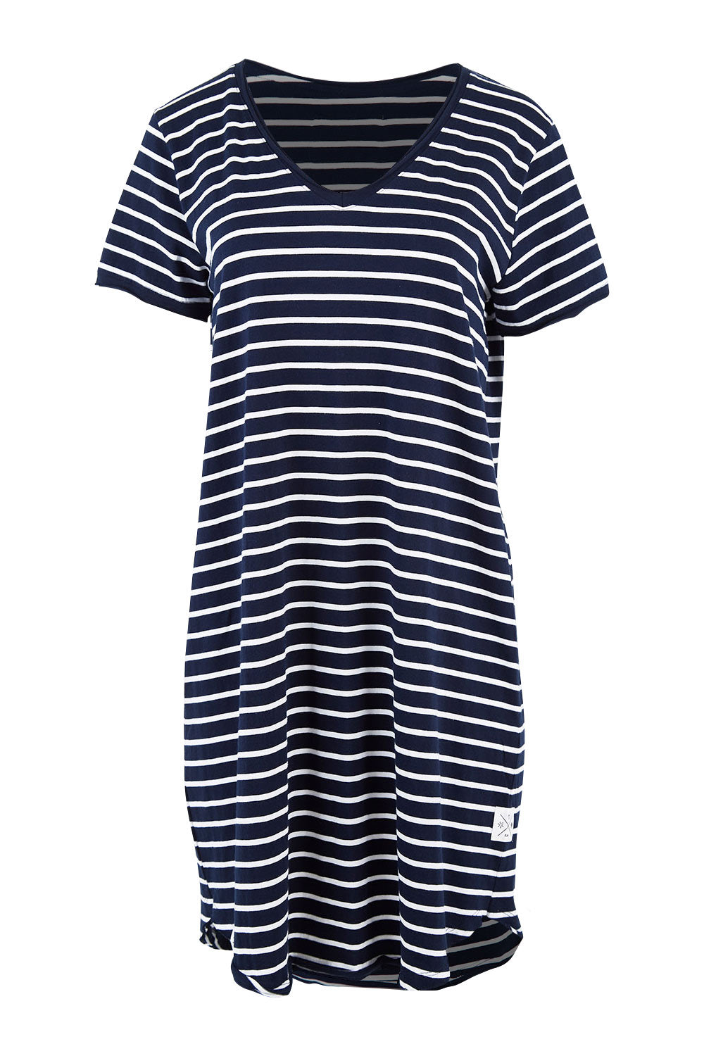 Product shot of the Fundamental Mary Stripe Dress in colour Navy (Blue), from the front