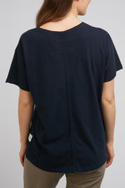 A model wearing the Fundamental Clover Tee in colour Navy (Blue), from the back