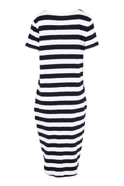 Product shot of the Fundamental Maeve Midi Dress in colour Navystrip (Blue), from the back