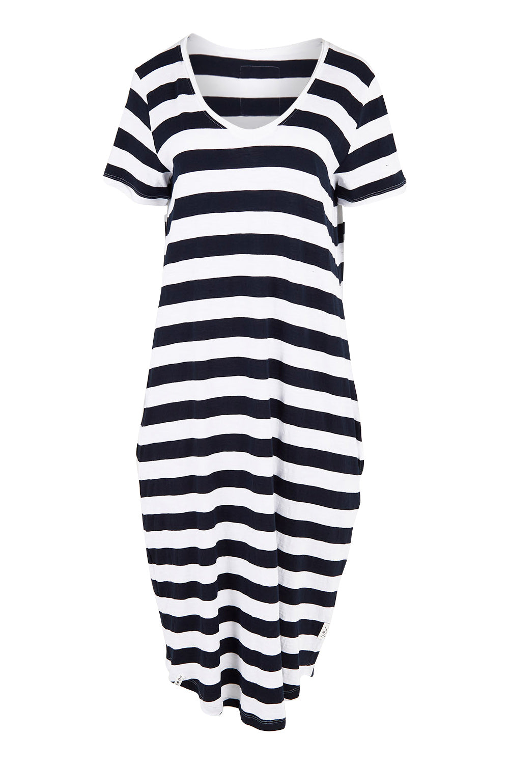 Product shot of the Fundamental Maeve Midi Dress in colour Navystrip (Blue), from the front