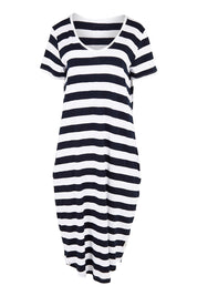 Product shot of the Fundamental Maeve Midi Dress in colour Navystrip (Blue), from the front