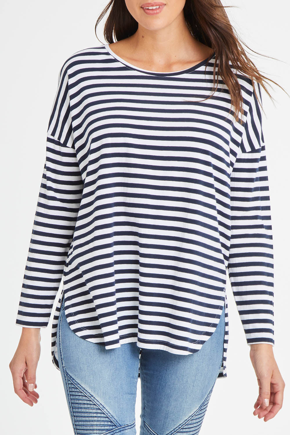 Model Madeline wearing size 10 of the Fundamental Lauren Stripe LS Tee in colour Navywht (Blue), from the front, cropped image