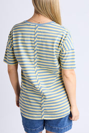 A model wearing the Fundamental Lauren S/S Cotton Stripe in colour Bluebanana (Blue), from the back