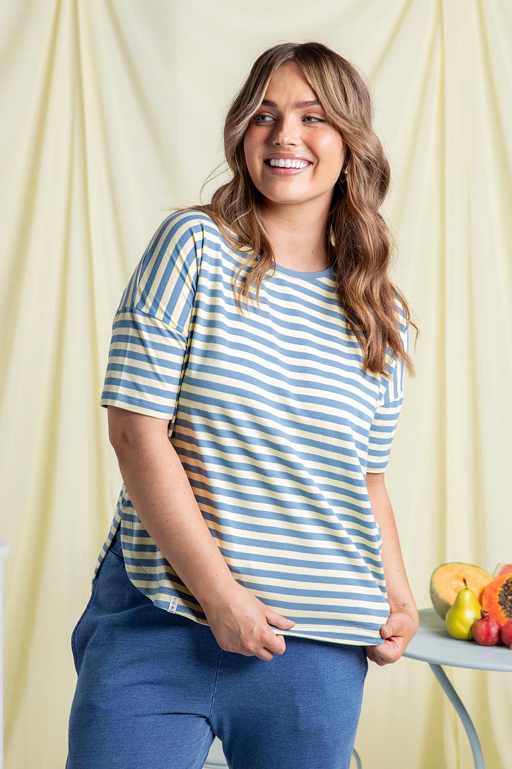A model wearing the Fundamental Lauren S/S Cotton Stripe in colour Bluebanana (Blue), from the front, showing the whole outfit