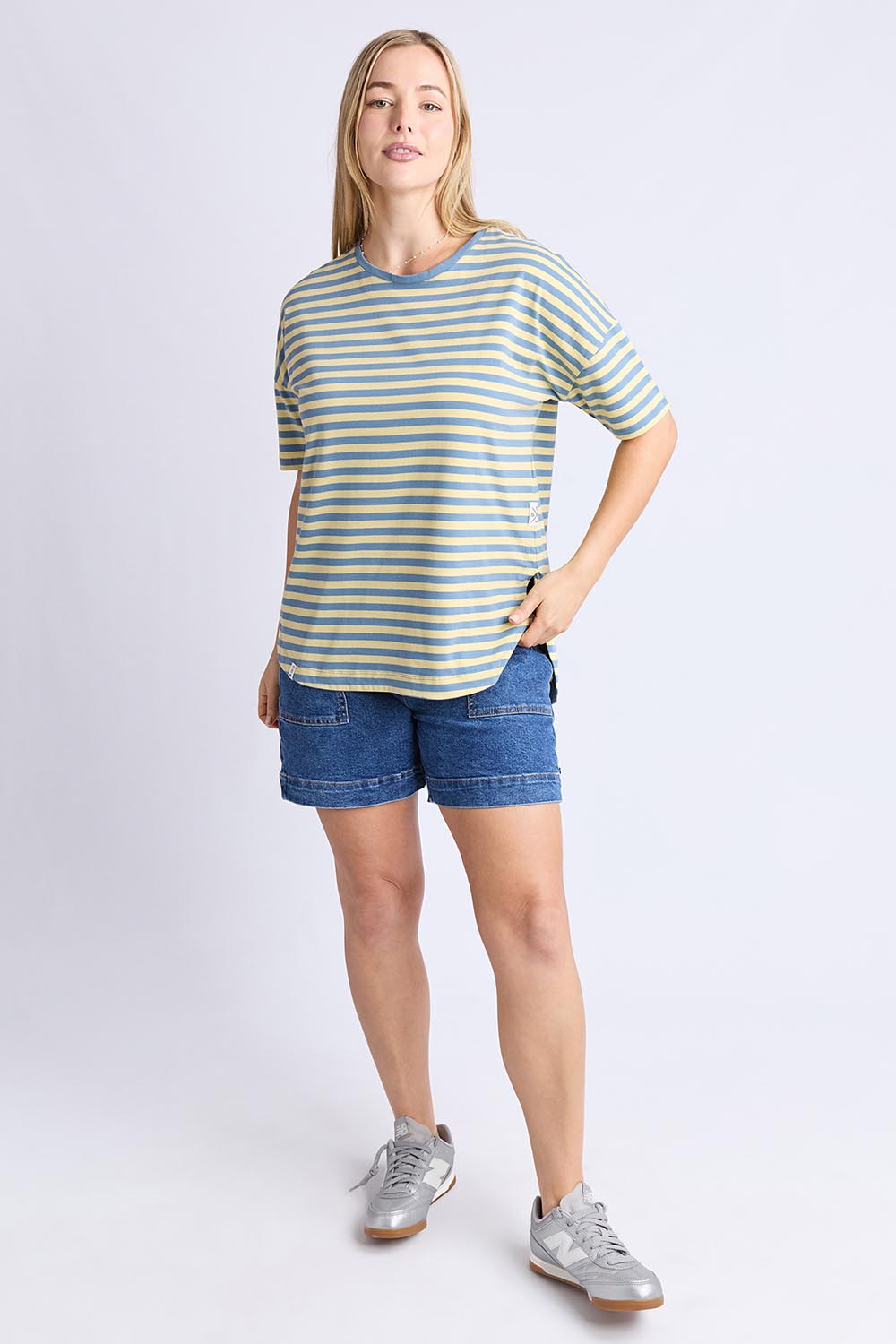 A model wearing the Fundamental Lauren S/S Cotton Stripe in colour Bluebanana (Blue), from the front, showing the whole outfit