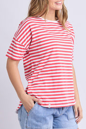 A model wearing the Fundamental Lauren S/S Cotton Stripe in colour Cayannewht (Red), from the front, cropped image