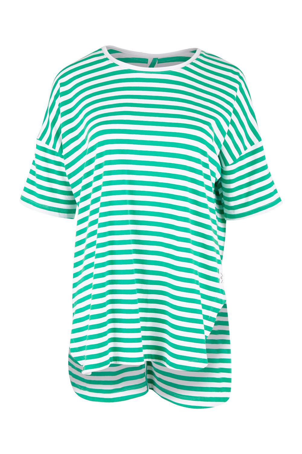 Product shot of the Fundamental Lauren S/S Cotton Stripe in colour Greenwhit (Green), from the front