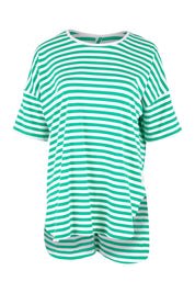 Product shot of the Fundamental Lauren S/S Cotton Stripe in colour Greenwhit (Green), from the front