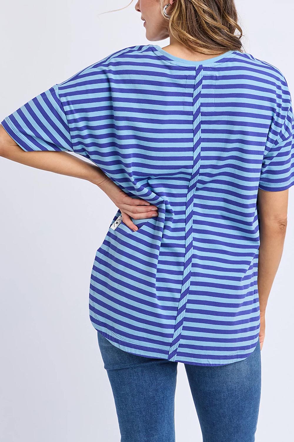 A model wearing the Fundamental Lauren S/S Cotton Stripe in colour Oceanblue (Blue), from the back