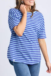 A model wearing the Fundamental Lauren S/S Cotton Stripe in colour Oceanblue (Blue), from the front, cropped image