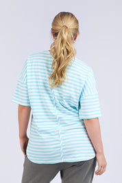Model Genericm wearing size sample of the Fundamental Lauren S/S Cotton Stripe - Tonicblue in colour Tonicblue, from the back