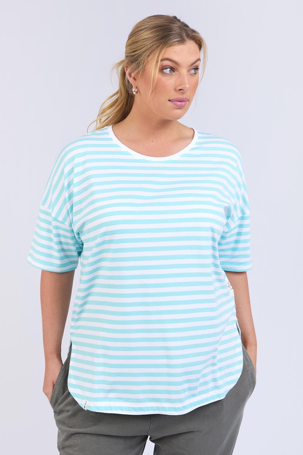 Model Genericm wearing size sample of the Fundamental Lauren S/S Cotton Stripe - Tonicblue in colour Tonicblue, in a cropped view