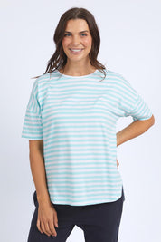 Model Genericm wearing size sample of the Fundamental Lauren S/S Cotton Stripe - Tonicblue in colour Tonicblue, in a cropped view
