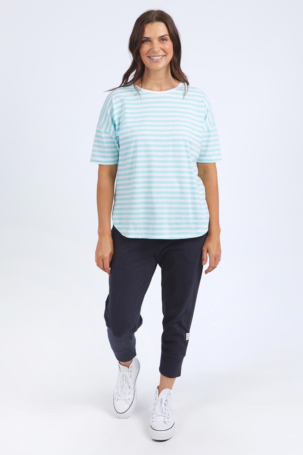Model Genericm wearing size sample of the Fundamental Lauren S/S Cotton Stripe - Tonicblue in colour Tonicblue, from the front