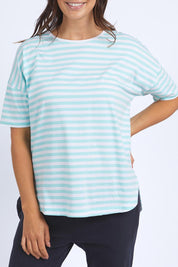 A model wearing the Fundamental Lauren S/S Cotton Stripe in colour Tonicblue (Blue), from the front, cropped image
