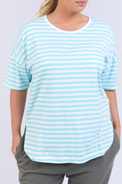 A model wearing the Fundamental Lauren S/S Cotton Stripe in colour Tonicblue (Blue), from the front, cropped image