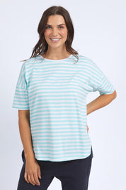 A model wearing the Fundamental Lauren S/S Cotton Stripe in colour Tonicblue (Blue), from the front, cropped image