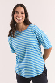 Model Genericm wearing size sample of the Fundamental Lauren Short Sleeve Cotton Stripe Tee - Tonicblueazure in colour Tonicblueazure, in a cropped view